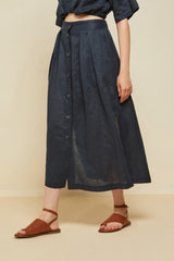 Linen Long Skirt - Navy - 40% off